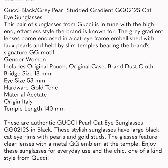 GUCCI Cat Eye Sunglasses Black Gold Pearl Women's - Picture 6 of 6